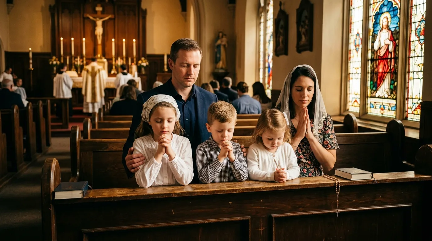 Família Católica Unida em Oração na Missa